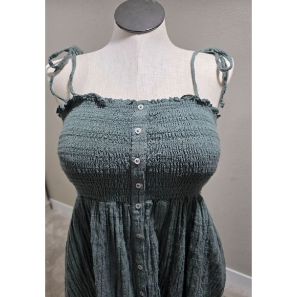 Aerie Green Smocked Midi Dress With Tie Straps & Button Front - Picture 2 of 8